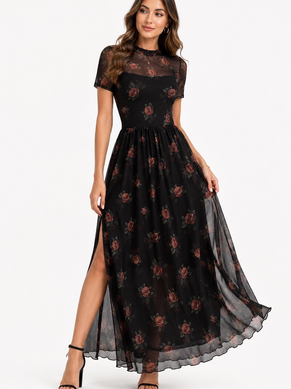 Goth Floral Mesh Maxi Dress Black Sheer Cottagecore Fairy Grunge Size Large